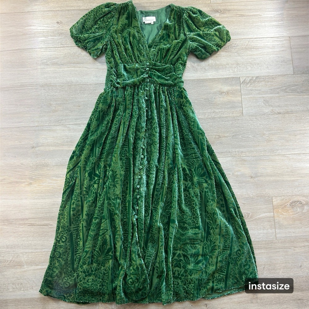 Anthropologie Size 10 Green Puff-Sleeved Burnout Velvet Maxi Dress Gala - Picture 2 of 14